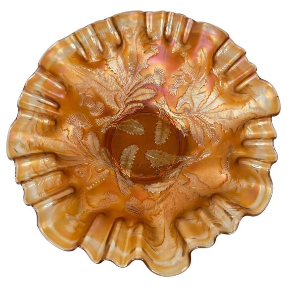 Vintage Fenton Marigold Thistle Carnival Glass Ruffled Edge Bowl Iridescent - Picture 3 of 7